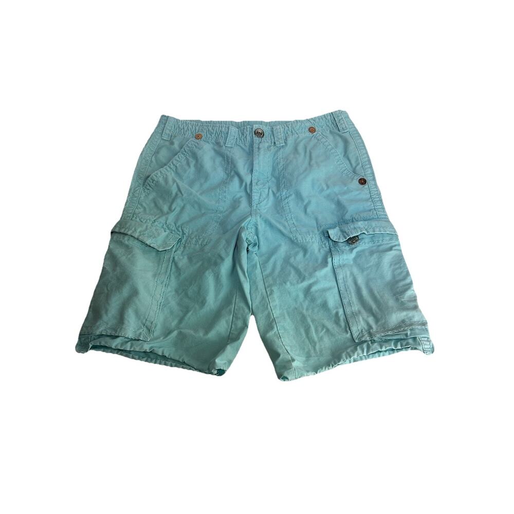 True Religion Men’s 34 Baby Blue Drawstring Cargo Shorts Flat Front Button Logo